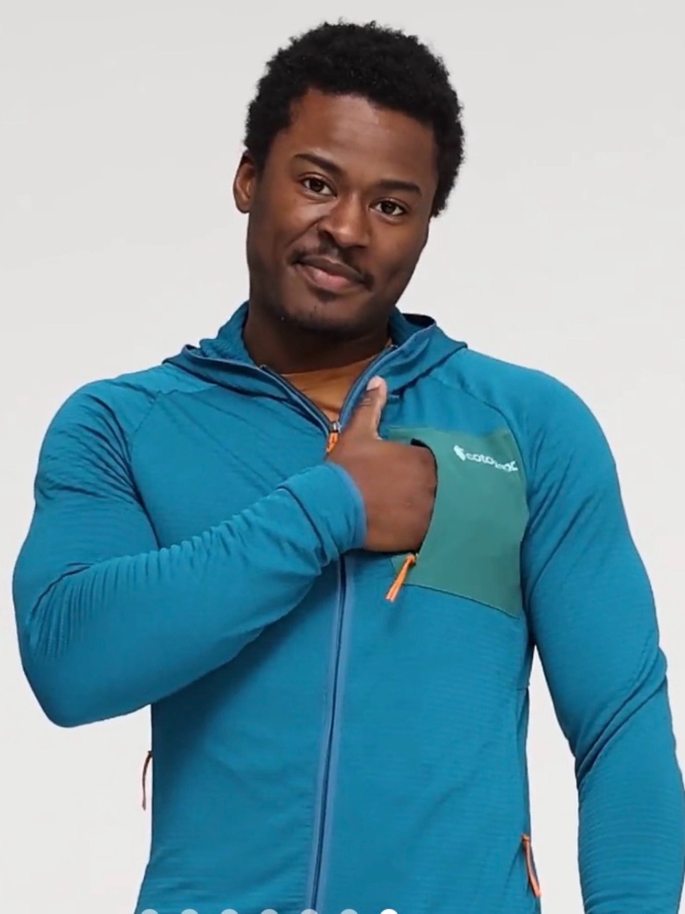 cotopaxi Teal Hooded otero fleece full zip and Green Chest Pocket orange zipper